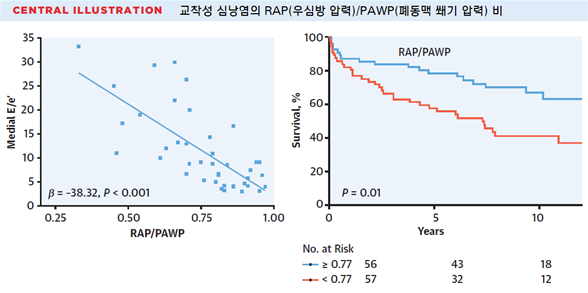 그림, RAP/PWAP비율과 이첨판 혈류속도(왼쪽) 및 장기생존율(삼성서울병원 제공)